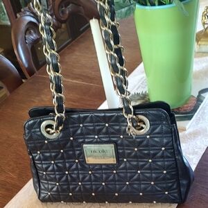 Nicole Studded Quilted Black Shoulder Bag with Gold Chain. 11.5W X 8H